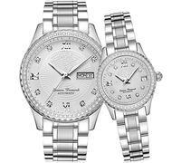 SENRUD Couples Automatic Self-Wind Watches Calendar Date Luxury Stainless Steel Men and Women Pair Watches His and Hers Automatic Watch Gifts Set of 2, Silver, Automatic Watch