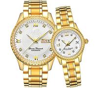 SENRUD Couples Automatic Self-Wind Watches Calendar Date Luxury Stainless Steel Men and Women Pair Watches His and Hers Automatic Watch Gifts Set of 2, Gold 2, Automatic Watch