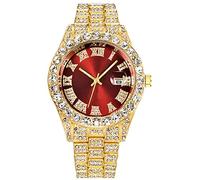 SENRUD Men's Diamond Watch Fashion Crystal Rhinestone Quartz Analog Watch Iced-Out Bracelet Wrist Watch, Gold red, Analog Watch