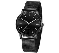 SENRUD Men's Watch Ultra-Thin Minimalist Stainless Steel Mesh Strap Fashion Casual Waterproof Wrist Watch for Men, Black, Quartz Movement