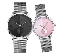 SENRUD Ultra Thin Simple Couples Watches His and Hers Stainless Steel Mesh Strap Pair Watch Gifts Set Men and Women Quartz Watches, Black, Minimalist