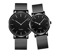 SENRUD Ultra Thin Simple Couples Watches His and Hers Stainless Steel Mesh Strap Pair Watch Gifts Set Men and Women Quartz Watches, Full black, Simple