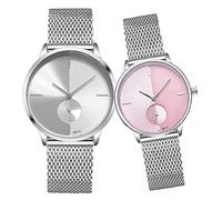 SENRUD Ultra Thin Simple Couples Watches His and Hers Stainless Steel Mesh Strap Pair Watch Gifts Set Men and Women Quartz Watches, White pink, Simple