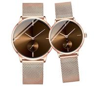 SENRUD Ultra Thin Simple Couples Watches His and Hers Stainless Steel Mesh Strap Pair Watch Gifts Set Men and Women Quartz Watches, Rose gold, Minimalist
