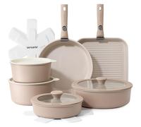 SENSARTE 17 Piece Ceramic Pots and Pans Set, Nonstick Detachable Handle Cookware, Induction Kitchen Cookware Set with Removable Handle, Oven Safe (Almond Beige)