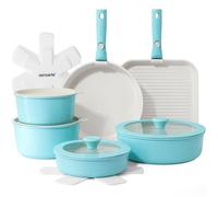 SENSARTE Ceramic Pot Sets, Pan Set, 17 Pieces, Non-Stick Cookware with Removable Handle, Suitable for All Hob Types, Dishwasher Safe, Oven Safe (Turquoise)