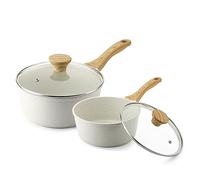 SENSARTE White Ceramic Nonstick Saucepan with Lid Set, Small Cooking Pot with Stay Cool Handle, Induction Compatible Saucepot, White Granite Coating, PFOA/PFAS Free, 1.5 + 2.5QT