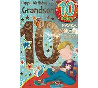 Sensations/Xpress Yourself Birthday Card for Grandson Age 10 - Includes Badge and Envelope - Animated Gamer Boy Design on Blue Font, 22.8 x 15.3 cm