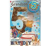Sensations / Xpress Yourself Express Yourself Birthday Card for Grandson Age 5 - Envelope and Badge Included - Animated Little Boy Jumping on Trampoline Design,22.8 x 15.3 cm