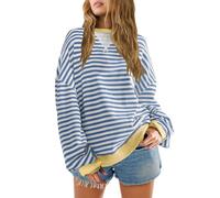SENSERISE Womens Oversized Classic Striped Crewneck Sweatshirts Long Sleeve Color Block Shirts Casual Tops(Blue,XL), X-Large