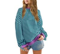 SENSERISE Womens Oversized Classic Striped Crewneck Sweatshirts Long Sleeve Color Block Shirts Casual Tops, Teal, M