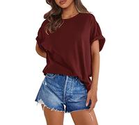 SENSERISE Womens Oversized T Shirts Crewneck Short Sleeve Summer Athletic BF Tees Shirt Loose Fit Y2K Tops, Burgundy, XXL