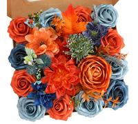 Senseya Artificial Flowers Combo, Teal Orange Silk Roses, Peonies, Dahlias with Stems for DIY Wedding Bouquets, Baby Shower, Table Centerpieces, Home Decor, Fake Floral Arrangements, Party Decorations