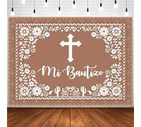 Sensfun 7x5ft Mi Bautizo Backdrop Banner Brown Mexican Baptism Party Decorations Cross God Bless First Holy Communion Photography Background Newborn Baby Christening Party Supplies Photo Booth Props