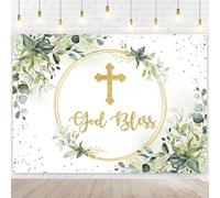 Sensfun Greenery God Bless Baptism Backdrop First Holy Communion Baptism Party Decorations Green Gold Confirmation Christening Decoration Background Newborn Baby Shower Banner Photo Booth Props 7x5ft