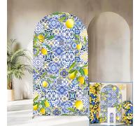 Sensfun Mediterranean Blue Tiles Lemon Arch Backdrop Cover Amalfi Coast Wedding Bridal Shower Decorations,2-Sided Italy Lemon Backdrop Arch Covers for Positano Birthday Baby Shower Party Decor 2.6x6ft