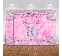 Sensfun Pink Bokeh Sweet 16 Backdrop for Girls Glitter Silver Purple Diamond 16th Birthday Photography Background Princess Sweet Sixteen Birthday Party Decoration Banner Photo Booth Backdrops 7x5ft