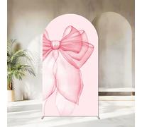 Sensfun Pink Bow Arch Backdrop Cover Girls Coquette Birthday Decorations,2-Sided Pastel Pink Bowknot Chiara Backdrop Arch Covers for Princess Wedding Bridal Baby Shower Bday Party Banner Decor 2.6x6ft