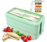 Senshi Japan Bento Box 900ml (0.9 Litre) 3 Layer Stackable Meal Prep Lunch Box Leak Proof With Spoon & Fork, for Adults Kids Office Microwave Dishwasher Safe