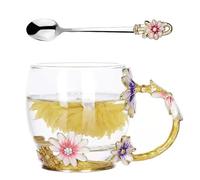 Senshuomy Enamel Coffee Mug with Spoon - Glass Flower Tea Cup Birthday Present for Women, Mom, Teacher, Friends