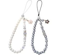 Senshuomy Phone Charm 2PCS, Sparkling Crystal Phone Lanyard,Glamorous Beaded Anti-Loss Wrist Strap with Keychain for Women, Bling Phone Chain for Case/Purse/Camera(Grey&White)