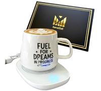 SensiSel USB Mug Warmer Set with Ceramic Mug, Lid & Spoon - Keeps Coffee & Tea WARM on Desk - Cute Motivational “Fuel for Dreams” Gift for Office & Home