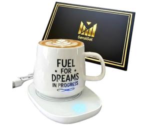 SensiSel USB Mug Warmer Set with Ceramic Mug, Lid & Spoon - Keeps Coffee & Tea WARM on Desk - Cute Motivational “Fuel for Dreams” Gift for Office & Home