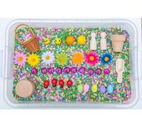Sensory Bin Kit for Kids - Green Rice, Felt Bees, Floral Accessories & Wooden Tools - Includes Clear Storage Bin (Spring Flower Sensory Bin Kit)