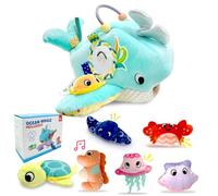 Sensory Plush Fish with 6 Stuffed Sea Animals, Interactive Sensory Game, Soft Ocean Playhouse, Available with Ringing Paper, Mirror, Bells, Polyester, Sea Animal Sensory, Plush House, Soft Baby Toys