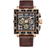 senstone Square Watch for Men with Leather Strap Multifunction Chronograph Dial Analog Quartz Wristwatch Business Dress Watch with Luminous Waterproof Calendar, Brown, Fashion
