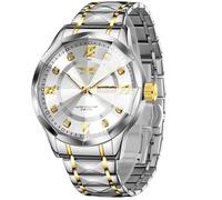 senstone Watches for Men, Luxury Classic Business Dress Quartz Watch Stainless Steel Strap Analog Waterproof with Luminous Large Dial Calendar Mens Watch, Silver-Gold, Fashion