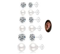 Senteria 6 Pairs Silver Stud Earrings for Women Hypoallergenic 925 Sterling Silver Stud Earrings Small Pearl Zirconia Studs Earring for Women Sleeper Silver Studs Earring for Multiple Piercing 3-8MM