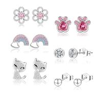 SENTERIA 6 Pairs Sterling Silver Stud Earrings for Women, Hypoallergenic Silver Studs for Girls Cute Pink CZ Cat Heart Flower Silver Earrings for Women Sleeper Earring Set for Multiple Piercings