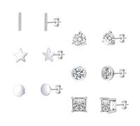 Senteria 925 Sterling Silver Stud Earrings Hypoallergenic Silver Earring Sets with Cubic Zirconia Star Round Square Studs Earrings for Women 6pairs