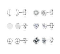 Senteria Silver Stud Earrings for Women S925 Sterling Silver Stud Earrings Hypoallergenic Small Cartilage Studs Earring Shiny Cubic Zirconia Studs Earring for Women Set 6 Pairs