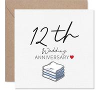 Sentimental 12th Anniversary Card - Twelve Years, Stacks of Love - Heart Motif and Towel Stack Design - 145mm Square, Envelope Included