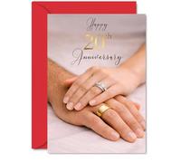 Sentimental 20th Anniversary Card - Celebrating Two Decades of Memories - Hands with Wedding Rings Design in Red and Gold - 5X7 Inch, Envelope Included