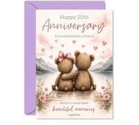 Sentimental 20th Anniversary Card, Celebrating Two Decades Together | Teddy Bears by Tranquil Lake with Hearts and Flowers, A5, Envelope Included