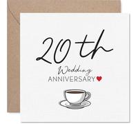 Sentimental 20th Anniversary Card - Warm Wishes Brewed with Love - Coffee Cup Motif and Red Heart Detail for a 20th Anniversary - 145mm Square, Envelope Included