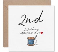 Sentimental 2nd Anniversary Card - Stitched with Love - Sewing-themed Design with Heart Detail for a 2nd Anniversary - 145mm Square, Envelope Included