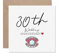 Sentimental 30th Anniversary Card - Celebrate 30 Sparkling Years - Elegant Pearl in Shell Illustration with Pink and White Accents - 145mm Square, Envelope Included