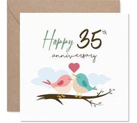 Sentimental 35th Anniversary Card - Two Lovebirds on a Branch - Sweet Watercolour Design in Gentle Pinks and Blues - 145mm Square, Envelope Included