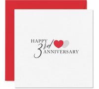 Sentimental 3rd Anniversary Card - Celebrate Three Years Together - Elegant Red and Grey Hearts Design - 145mm Square, Envelope Included