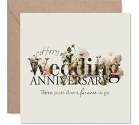 Sentimental 3rd Anniversary Card - Three Years Down, Forever to Go - Elegant Floral Motif with Gold and Green Accents - 145mm Square, Envelope Included