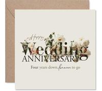 Sentimental 4th Anniversary Card - Four Years Down, Forever to Go - Elegant Floral Design with Gold Accents - 145mm Square, Envelope Included