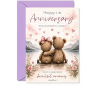Sentimental 4th Anniversary Card, Teddy Bears on a Lakeside Dock | Romantic Hearts and Flowers Illustration, Sweet Fourth Anniversary Keepsake, 5X7 Inch, Envelope Included