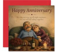 Sentimental Anniversary Card - Cosy Nights in and Cheeky Naps - Illustrated Elderly Couple with Roses, Wine and Candle - 145mm Square, Envelope Included