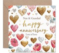 Sentimental Anniversary Card for Grandparents - Showered with Love - Hearts and Flowers Design in Gold, Pink and Red - 145mm Square, Envelope Included