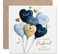 Sentimental Anniversary Card for Husband - Bursting with Love - Heart-shaped Balloons in Blue and Gold - 145mm Square, Envelope Included
