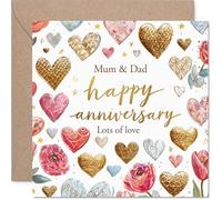 Sentimental Anniversary Card for Mum & Dad - Warm Wishes and Love - Vibrant Hearts and Flowers Design in Gold, Pink and Red - 145mm Square, Envelope Included
